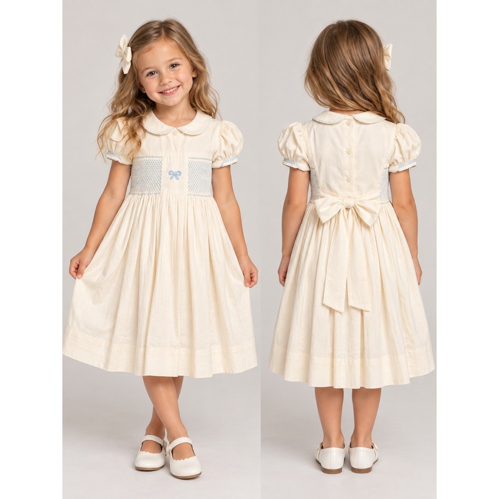 Elephantito Smocked Dress Girls 5Y Cream Blue Bow Short Sleeve Cotton Classic